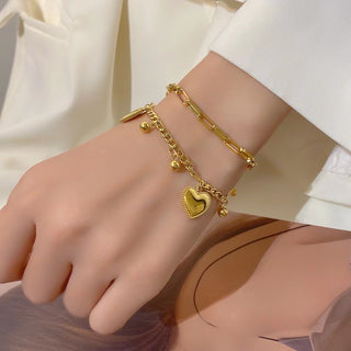 Valencia Pulsera de Doble Cadena con Corazón y Bolitas joyería